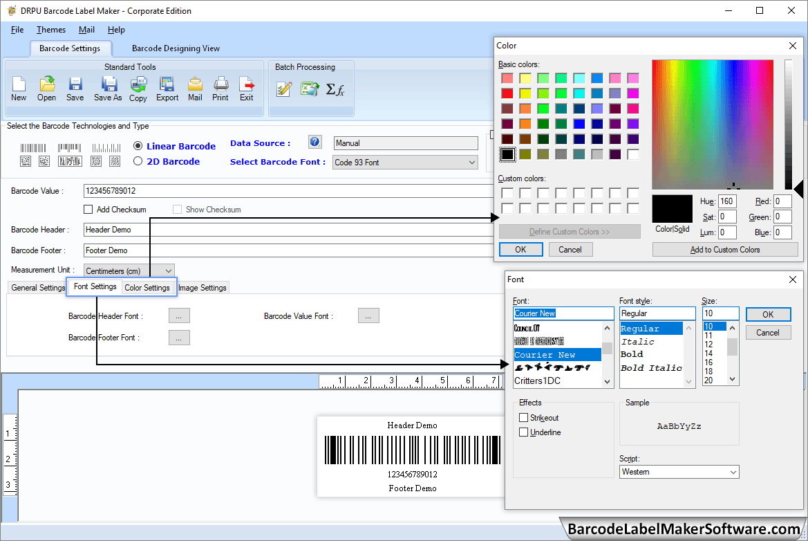 Screenshots of Barcode Label Maker Software Corporate Edition to create labels