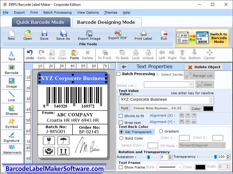 Screenshot of Corporate Edition Barcode Software