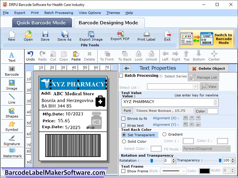 Screenshot of Medicine Barcode Maker Tool 7.9.6