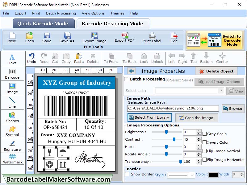 Screenshot of Industrial Barcode Label Creator