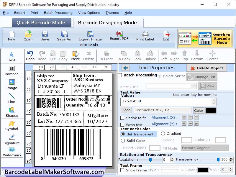 Screenshot of Packaging Barcode Label Creator