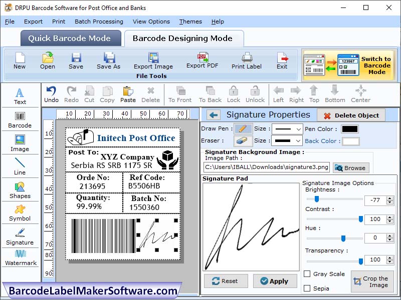 Screenshot of Post Office Bank Barcode Software 7.3.7
