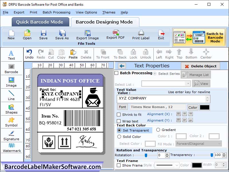 Screenshot of Postal Banking Barcode Utility