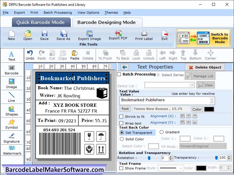 Screenshot of Barcode Label Utility Publishing
