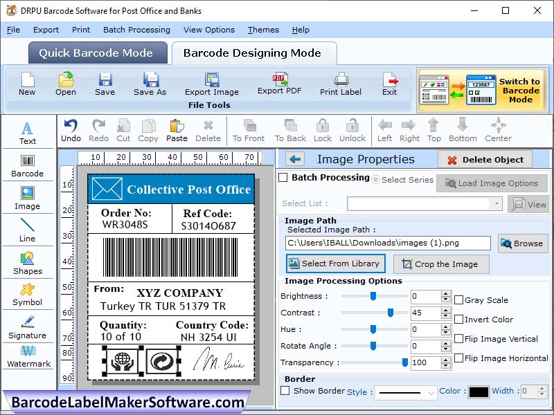 Post, office, barcode, label, image, download, application, software, 2D, linear, dimension, billing, document, parcel, mailing, posting, delivery, service, account, courier, coupon, tag, generator, maker, designing, object, industry, organization
