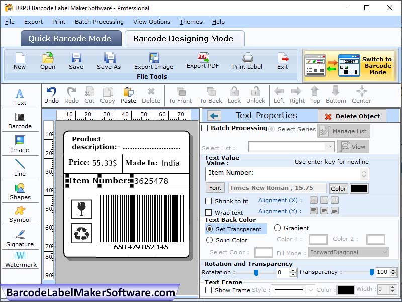Screenshot of Barcode Maker Professional Software